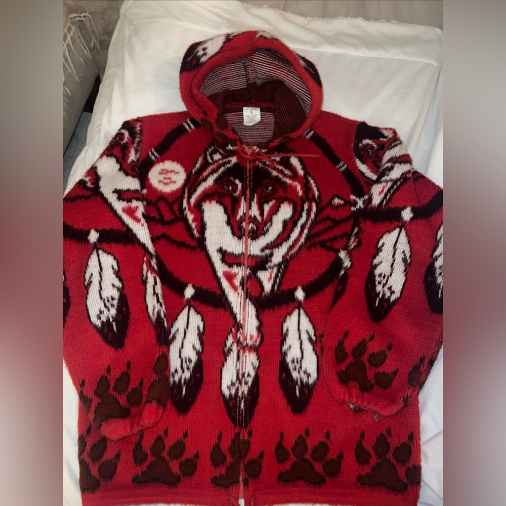 Vintage Wool Aztec Wolf Zip Hooded Sweater Jacket Small Artesanias Tuntaquimba